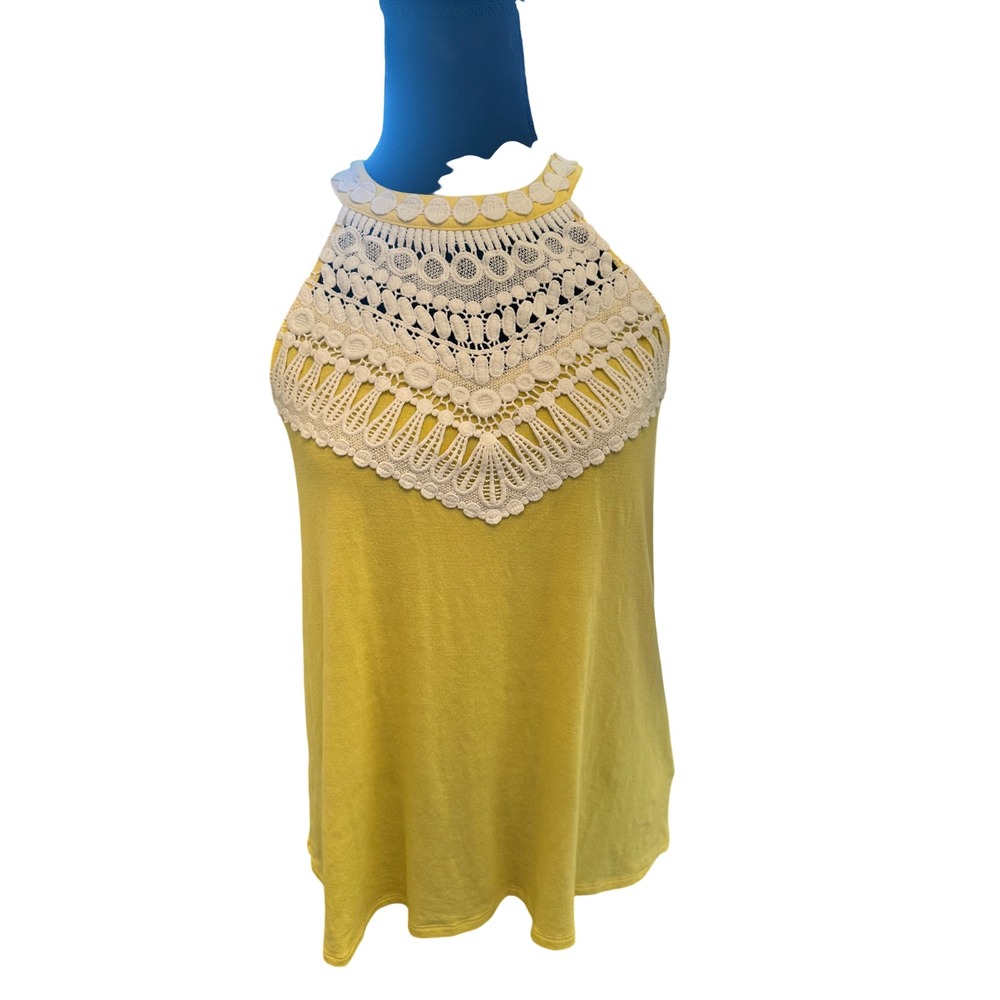 Lilly Pulitzer Dawn Yellow Halter Top White Crochet Lace Bib Keyhole Back XS